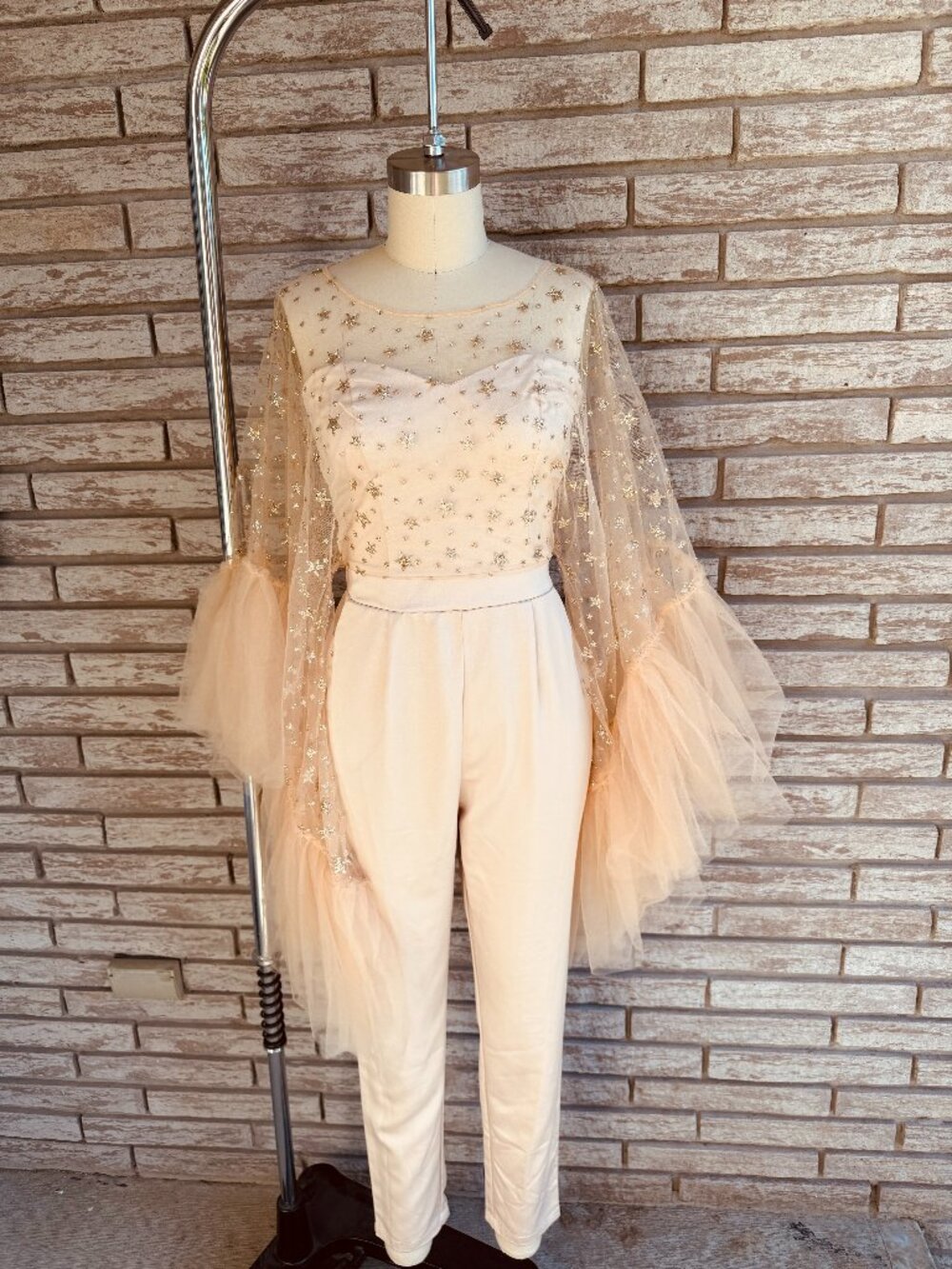 NWT Lilly's Kloset Star Studded Jumpsuit Champagne Starry Tulle Cape Small